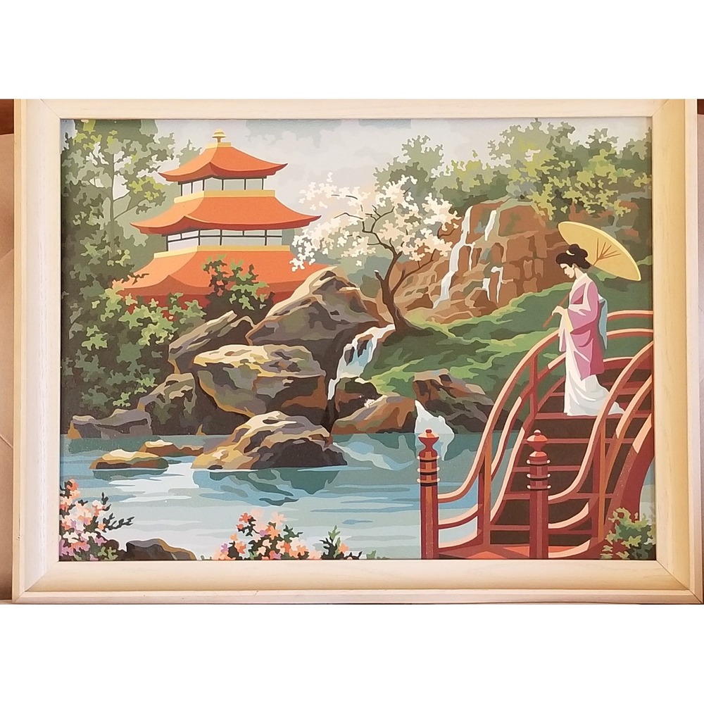 Japanese PBN scene with pagoda and lady, framed, MCM